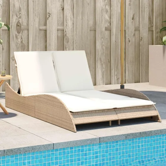 Liggestol i polyrattan med hynder 114x205x73 cm - Beige