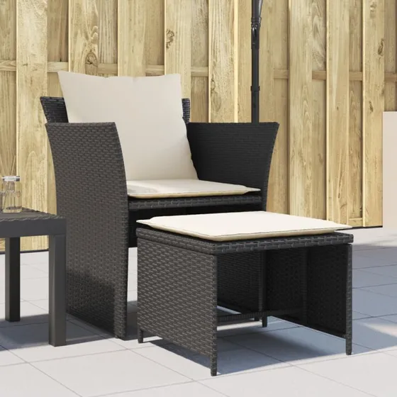 Havestol med fodskammel i polyrattan - Sort