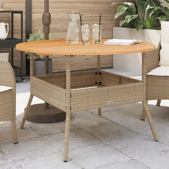 Havebord 110x71 cm med akacietop og beige polyrattan