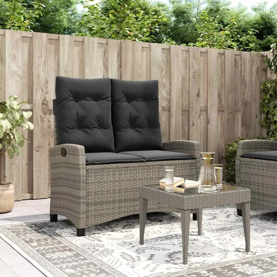 Havebænk i polyrattan med lænefunktion og hynder, grå
