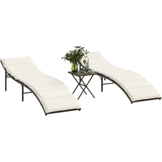Liggestole 2 stk. med bord i brun polyrattan