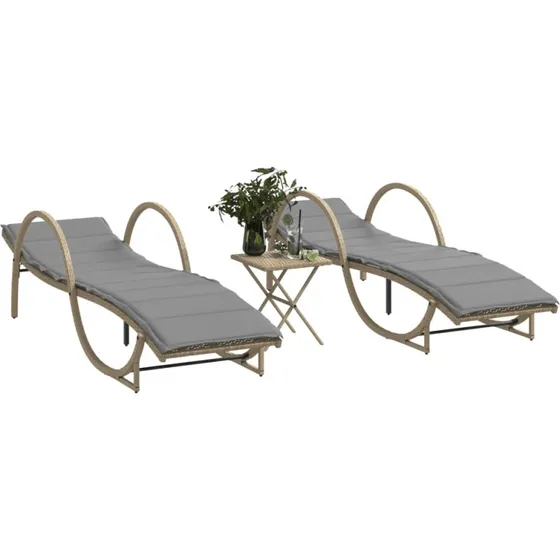 Liggestole 2 stk. med bord i polyrattan, beige