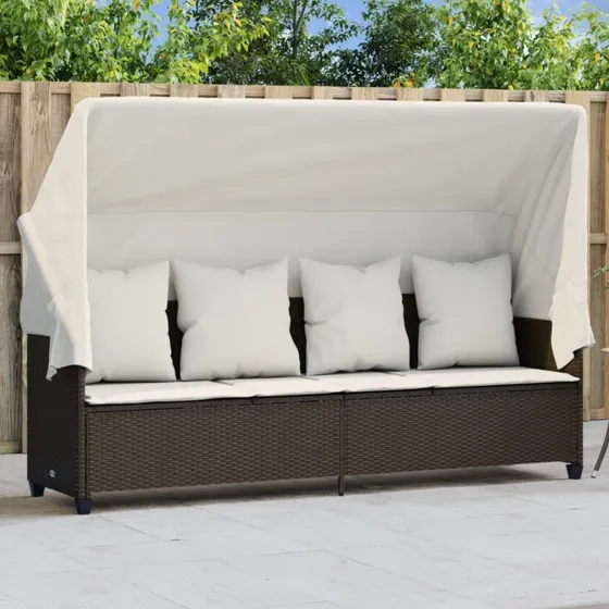 Polyrattan loungesofa med baldakin og hynder - brun
