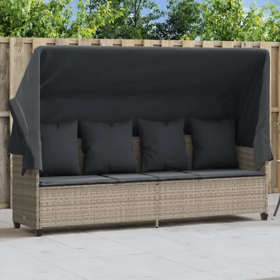 Loungesofa med baldakin og hynder i polyrattan, lysegrå