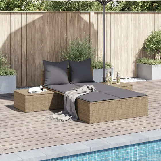Solseng i polyrattan med hynder, beige