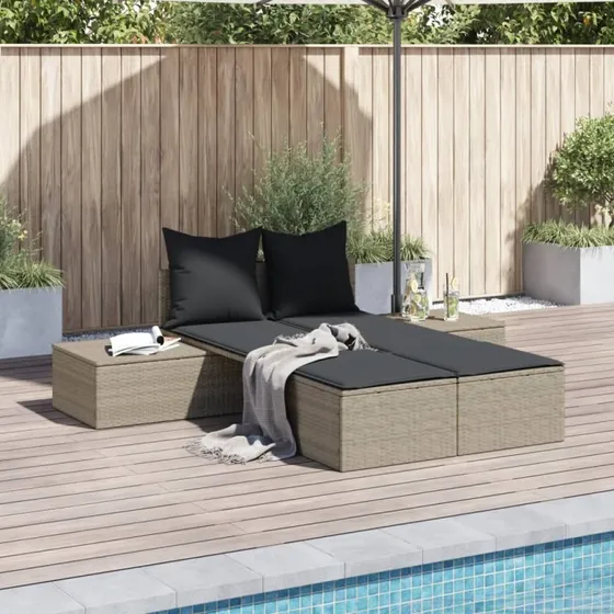 Solseng med hynder i lysegrå polyrattan