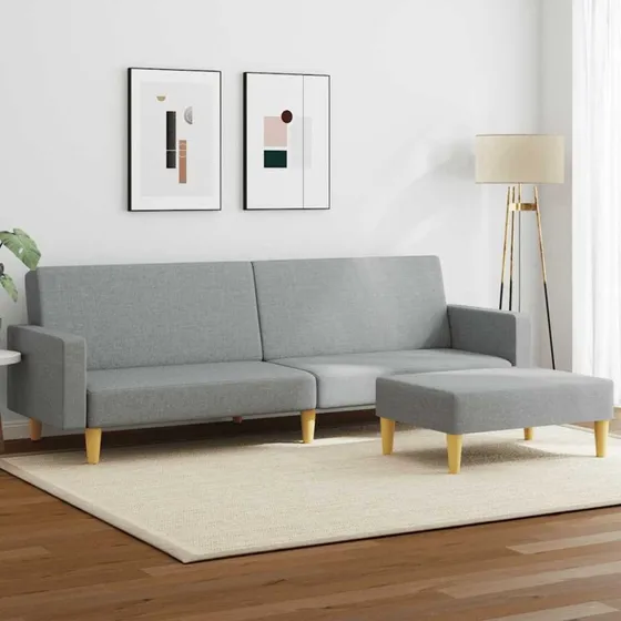 2-personers sovesofa med fodskammel - lysegrå stof
