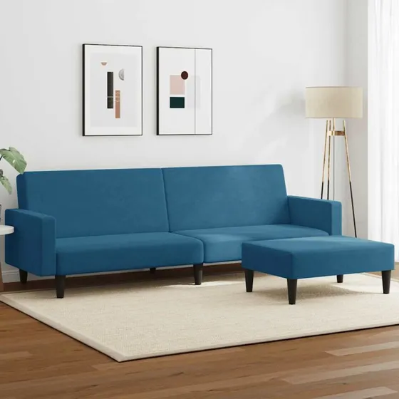2-personers sovesofa i blå velour med fodskammel