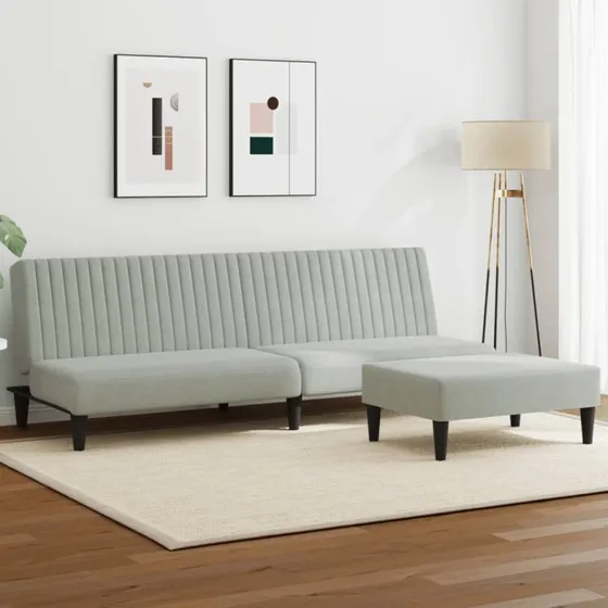 Sofast 2 dele i lysegr velour med daybed
