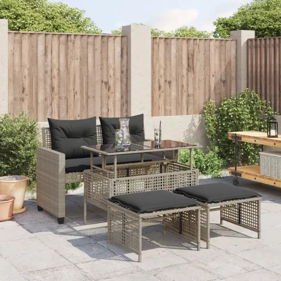 Havesofasæt 4 dele i polyrattan med hynder og glas, lysegrå