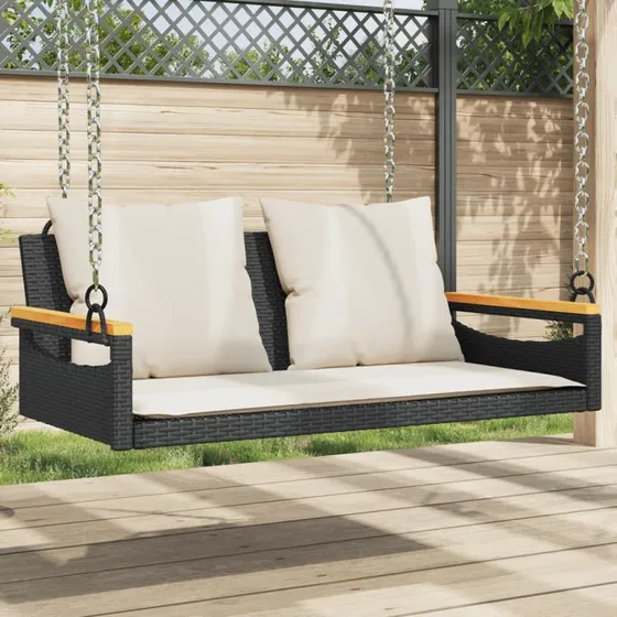 Gyngebænk i sort polyrattan med hynder 109x62x40 cm