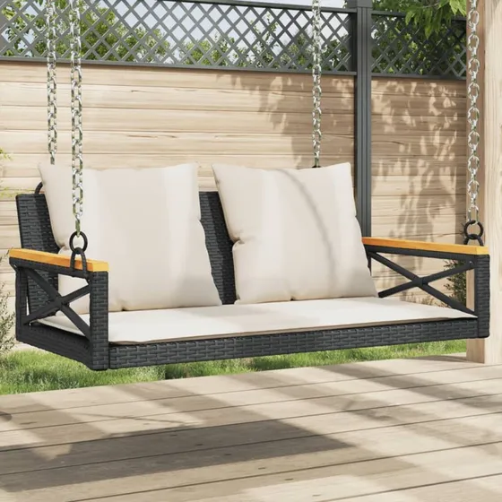 Gyngebænk i polyrattan med hynder 109x62x40 cm - sort