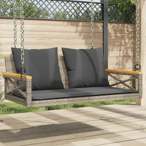 Gyngebænk i grå polyrattan med hynder 109x62x40 cm