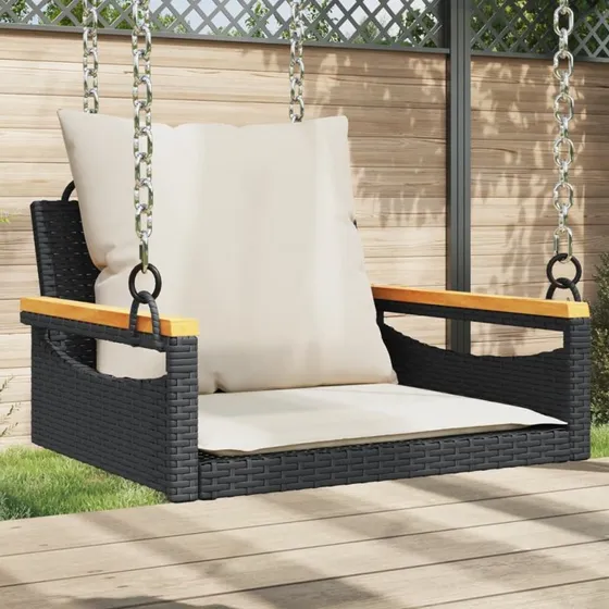 Gyngebænk i polyrattan med hynder, sort 63x62x40 cm