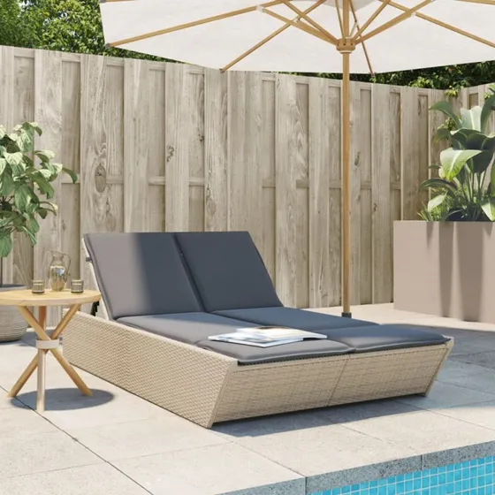 Solseng i polyrattan med hynder, beige, justerbar