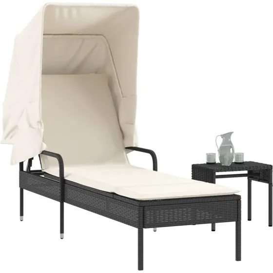 Liggestol med baldakin og bord i sort polyrattan