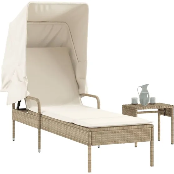 Liggestol med baldakin og bord i beige polyrattan