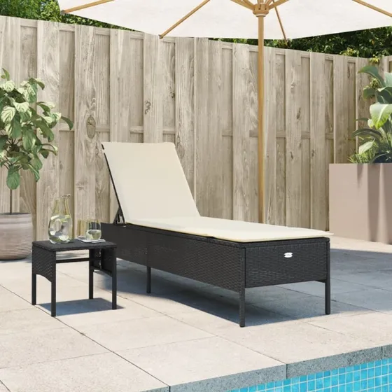 Liggestol i polyrattan med bord og hynde – sort
