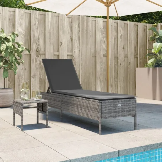 Liggestol med bord og hynde i polyrattan, grå