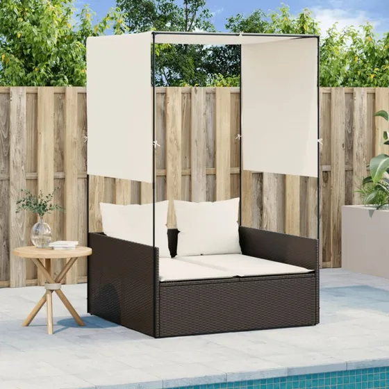 Dobbel solseng i polyrattan med tag & gardiner, brun