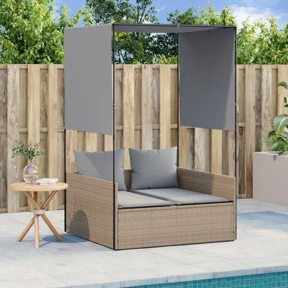 Dobbel solseng med tag og gardiner i polyrattan - Beige
