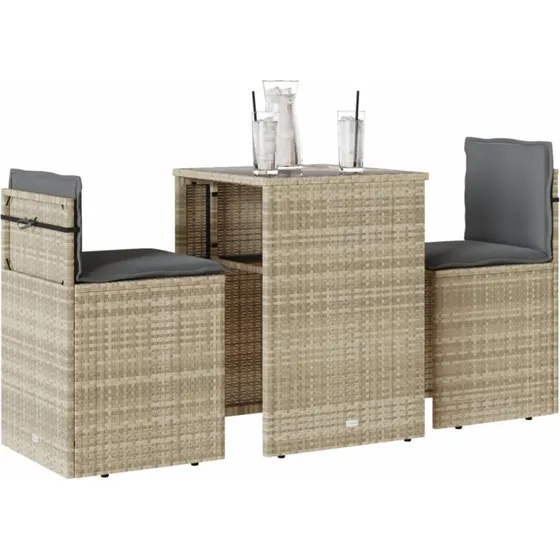 Bistrost i polyrattan 3 dele med hynder - lysegr