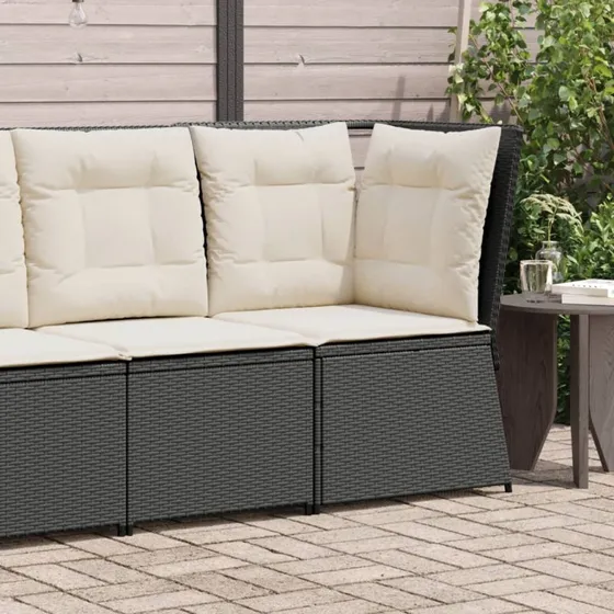 Hjørnemodul til havesofa i sort polyrattan med hynder