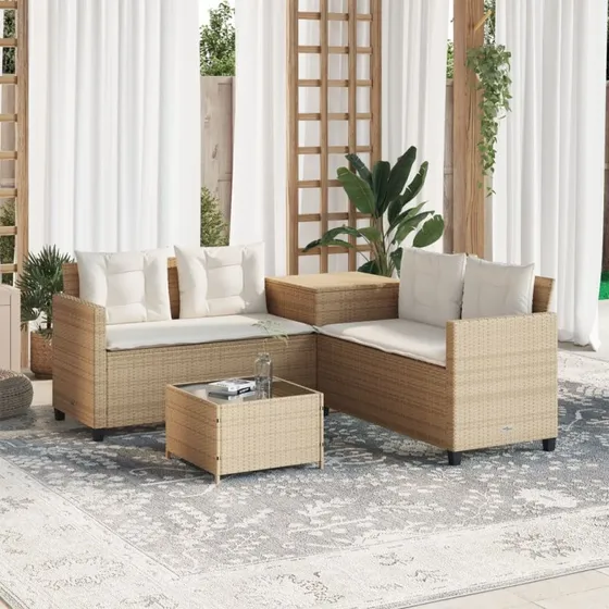 L-formet havesofa i beige polyrattan med bord og hynder