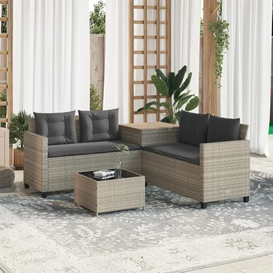 L-formet havesofa i polyrattan med bord og hynder – lysegrå