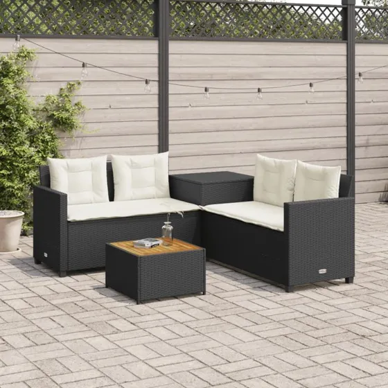 L-formet havesofa i sort polyrattan med bord og hynder