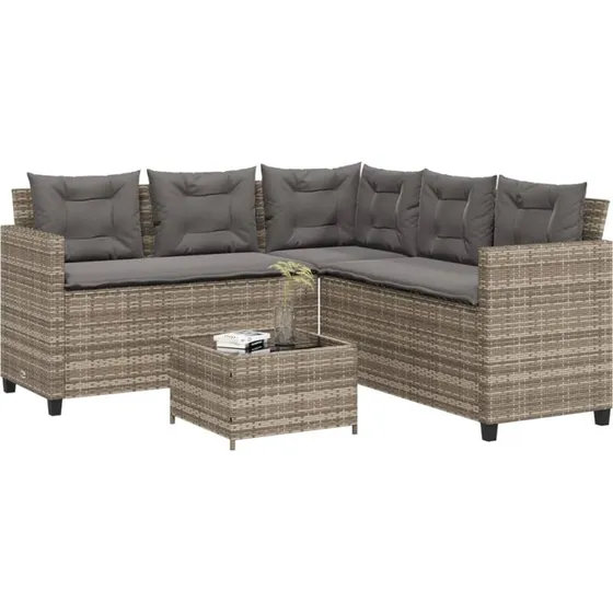 L-formet havesofa i grå polyrattan med bord og hynder