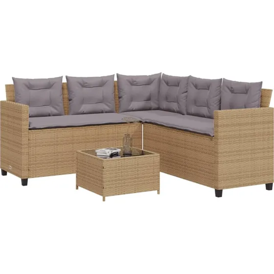 L-formet havesofa i polyrattan med bord og hynder - beige