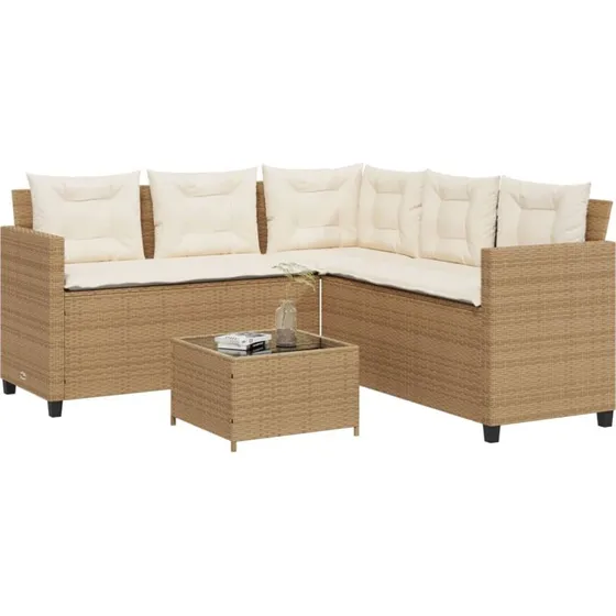 L-formet havesofa i beige polyrattan med bord og hynder