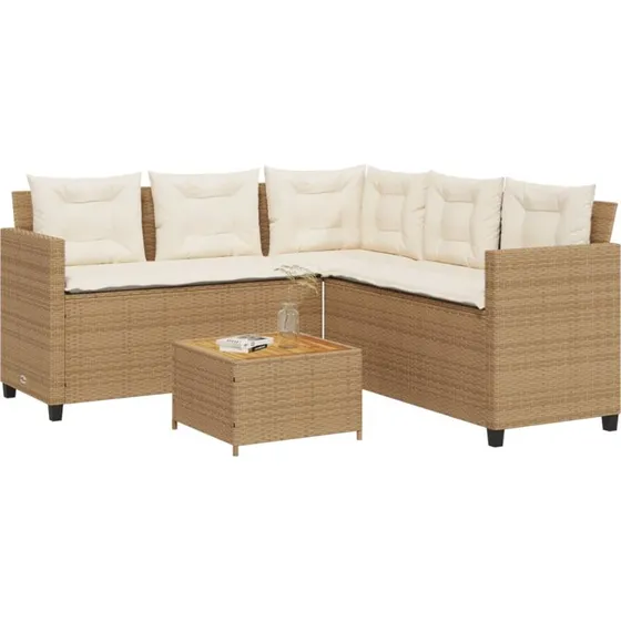 L-formet havesofa i polyrattan med bord og hynder – beige