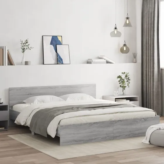 Sengeramme med sengegavl 200x200 cm - Grå Sonoma-eg