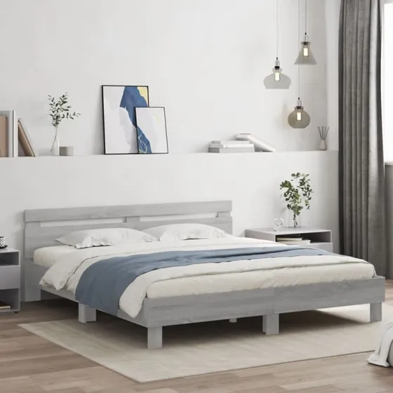 Sengeramme 200x200 cm med LED - Grå Sonoma-eg
