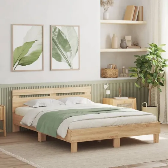 Sengeramme med LED-sengegavl 140x200 cm – Sonoma eg