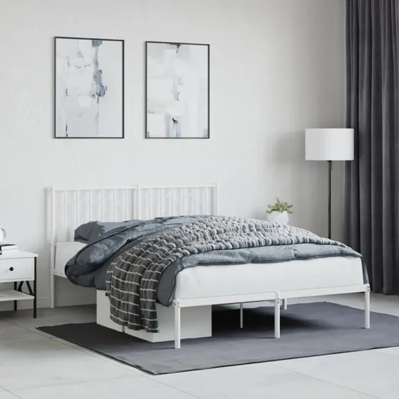 Sengeramme med sengegavl 135x190 cm – hvid metal