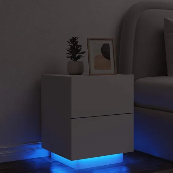 Sengebord i hvidt konstrueret træ med RGB LED-lys