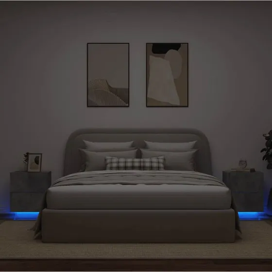 Sengeborde 2 stk. med RGB LED, konstrueret træ - betongrå