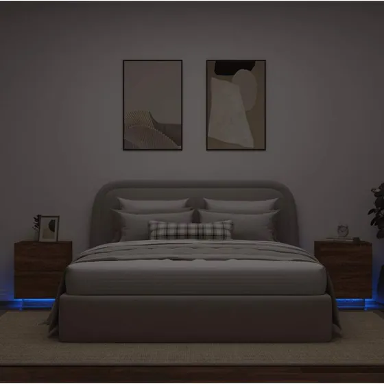 Sengeborde 2 stk. med RGB LED, konstrueret træ - egetræsfarve