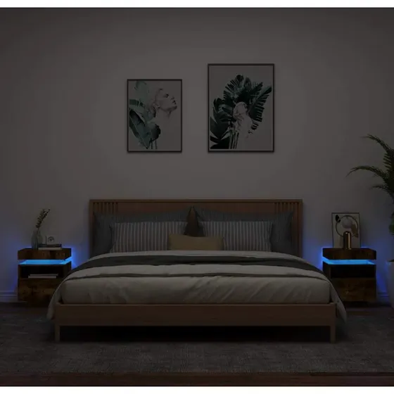 Sengeborde 2 stk. med RGB LED, røget egetræsfinish 40x39x48,5 cm