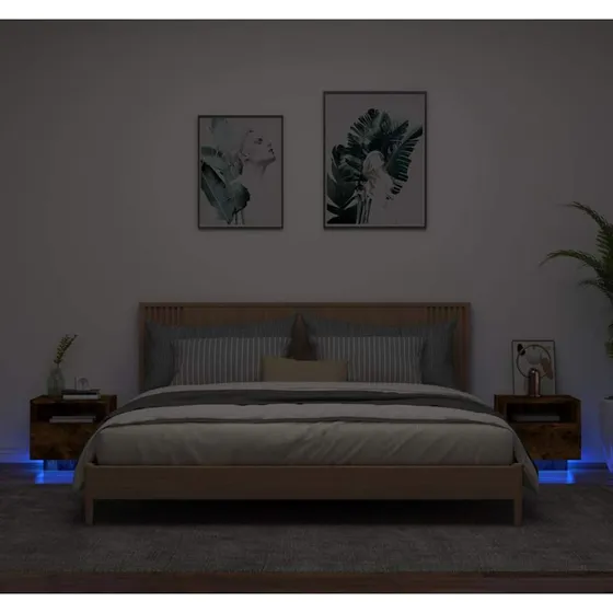 Sengeborde 2 stk. med RGB LED, 40x39x37 cm – røget egetræ