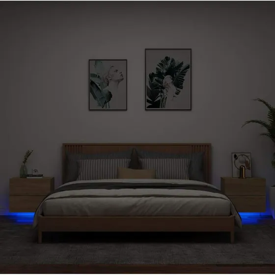 Væghængte sengeborde 2 stk. med RGB LED – Sonoma Eg