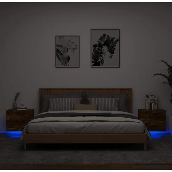 Væghængte sengeborde 2 stk. med RGB LED – røget egetræ