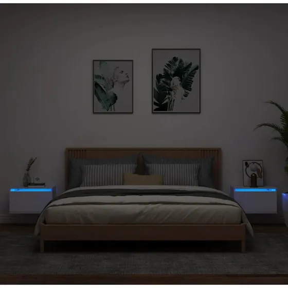 Væghængte sengeborde 2 stk. med RGB LED - hvid
