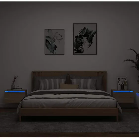 Væghængte sengeborde 2 stk. med RGB LED - Sonoma-eg