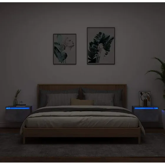 Væghængte sengeborde 2 stk. med RGB LED – Betongrå