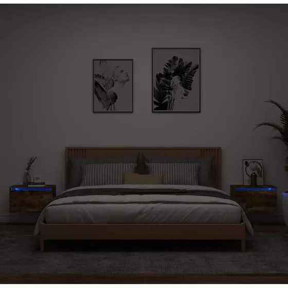 Væghængte sengeborde 2 stk. med RGB LED – røget egetræ