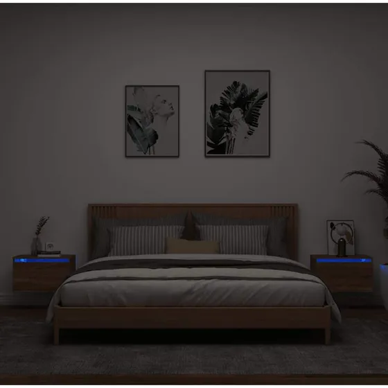 Væghængte sengeborde 2 stk. med RGB LED, brun egetræ